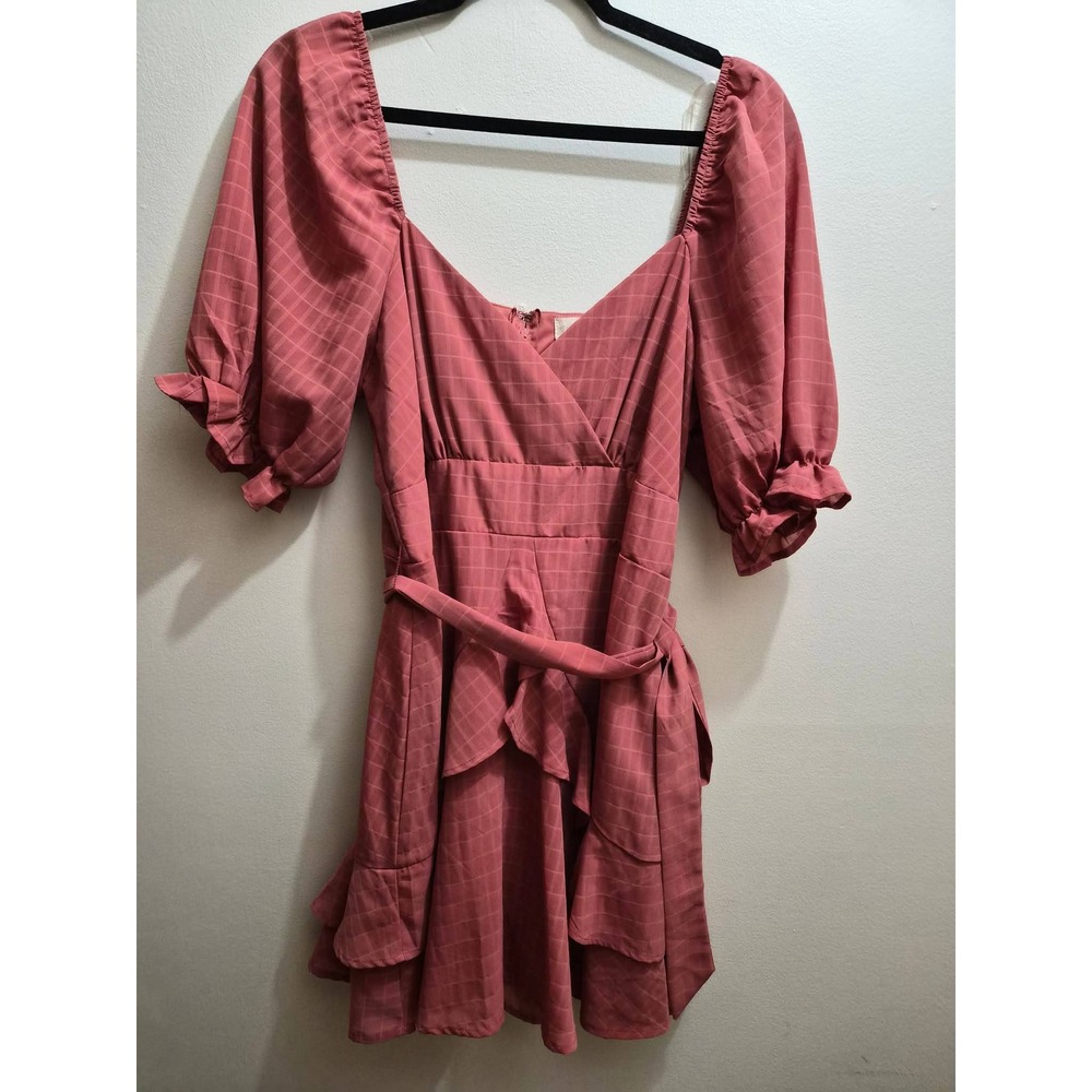 Altar'd State Pink Grid Puff Sleeve Wrap Mini Dress XL Ruffle Hem 26BX54FCLI